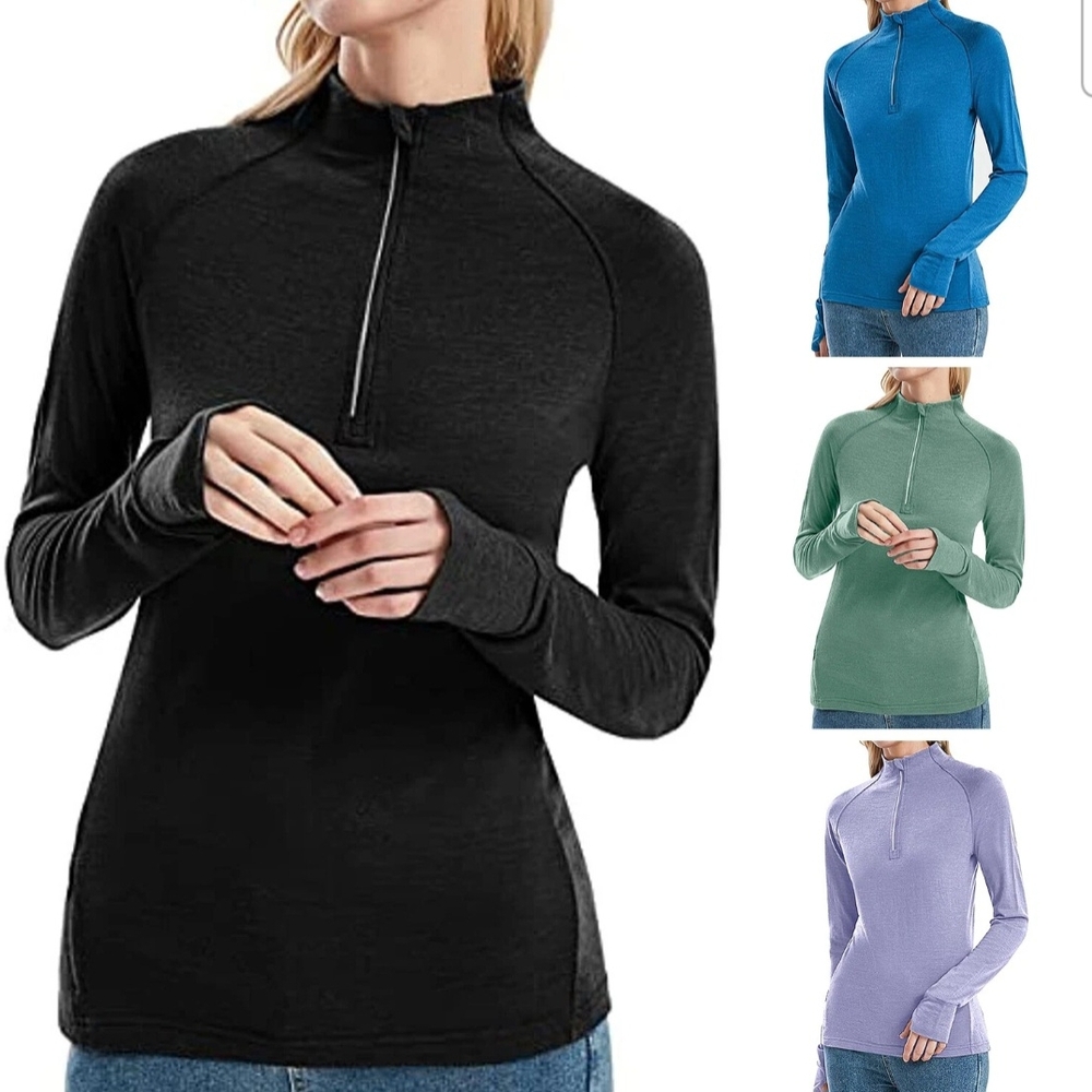 Women 100% Merino Wool Shirts Midweight Base Layer Long Sleeve Zip Neck Ski Top